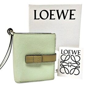 LOEWE Puzzle Bifold Wallet Leather Matcha Green Beige SET Box + Booklet AUTH